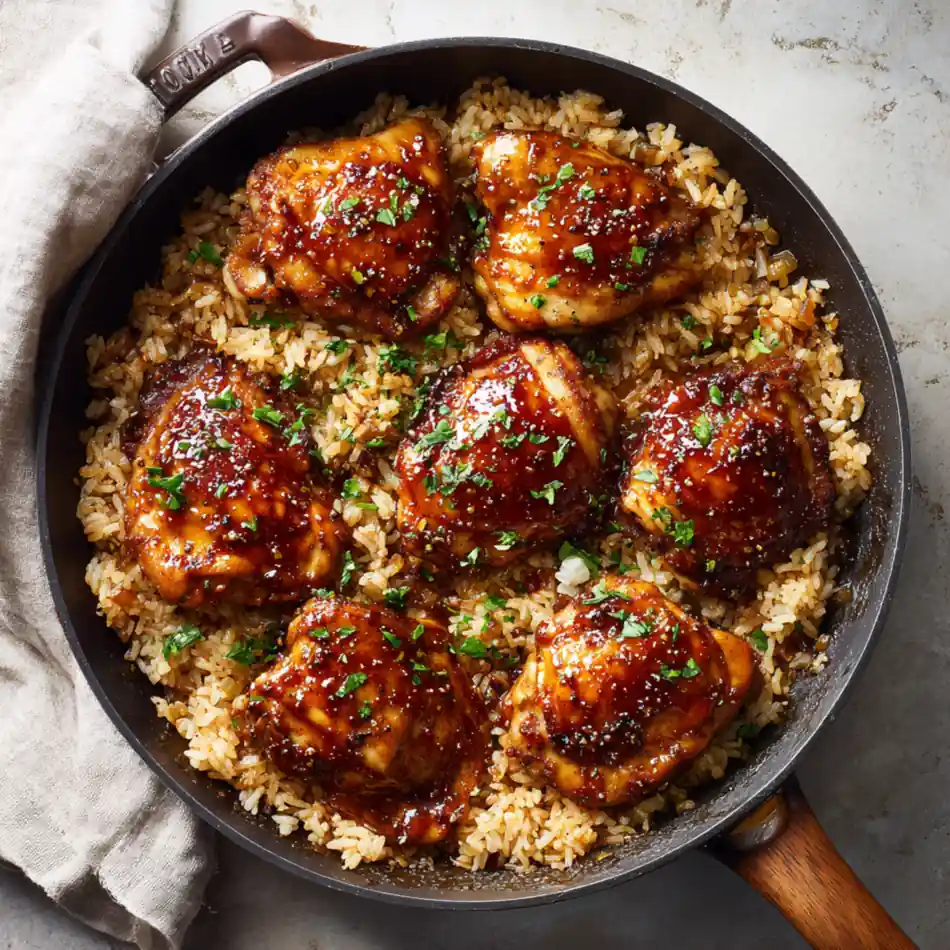 Glazed chicken thighs cooked with rice in a skillet