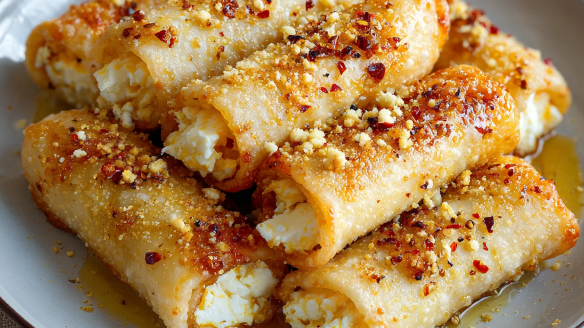Oven fried feta rolls drizzled with chili honey