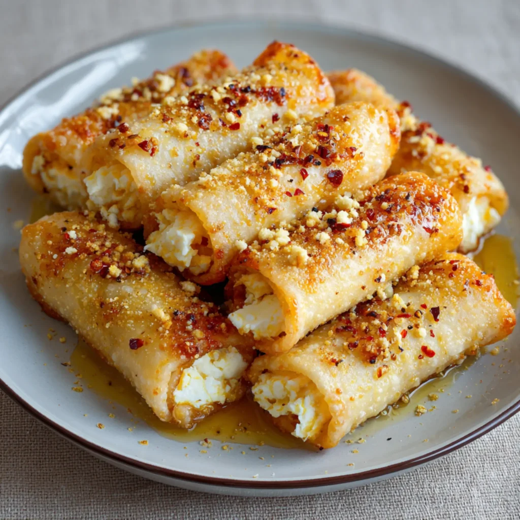 Crispy feta rolls with chili honey and crushed spices