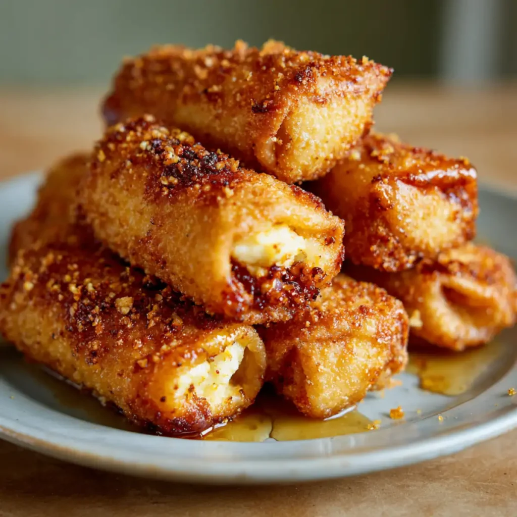 Crispy oven fried feta rolls stacked with chili honey drizzle