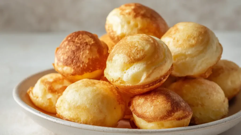 Golden breakfast pancake poppers stacked on a plate
