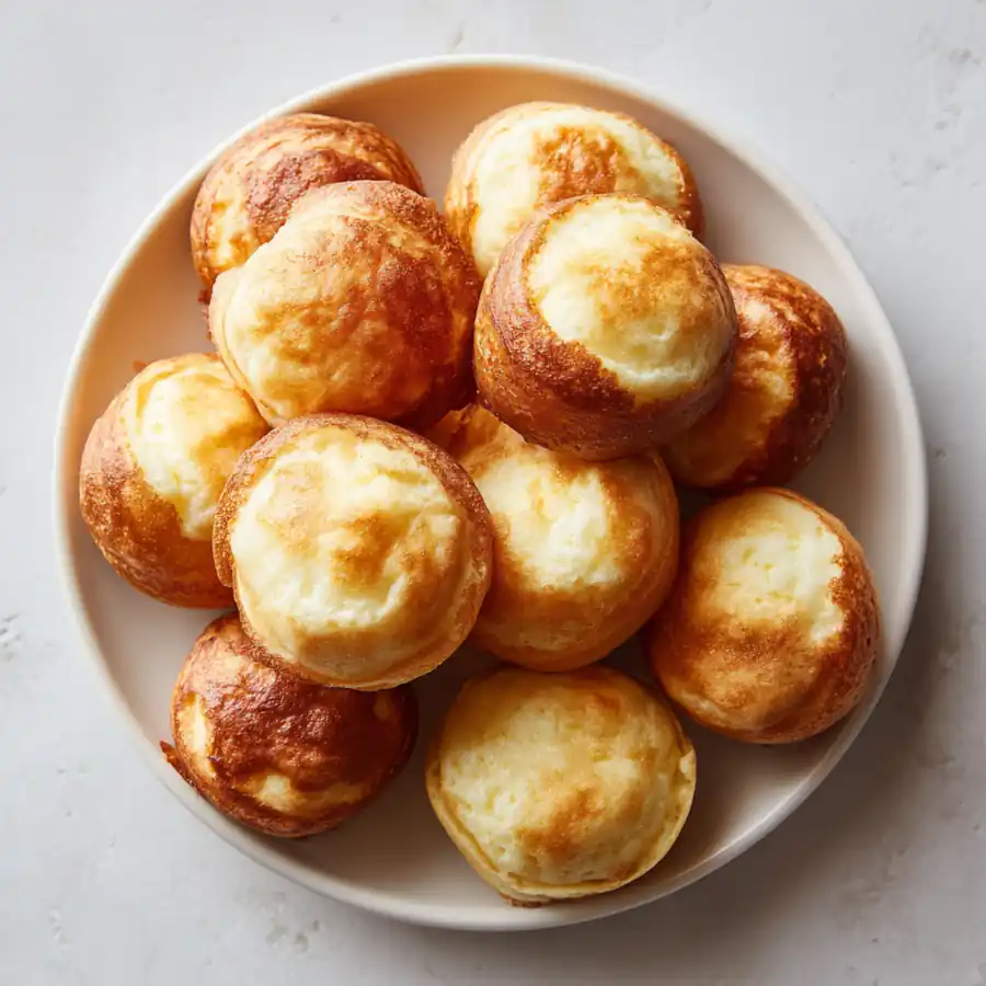 Golden breakfast pancake poppers arranged in a bowl