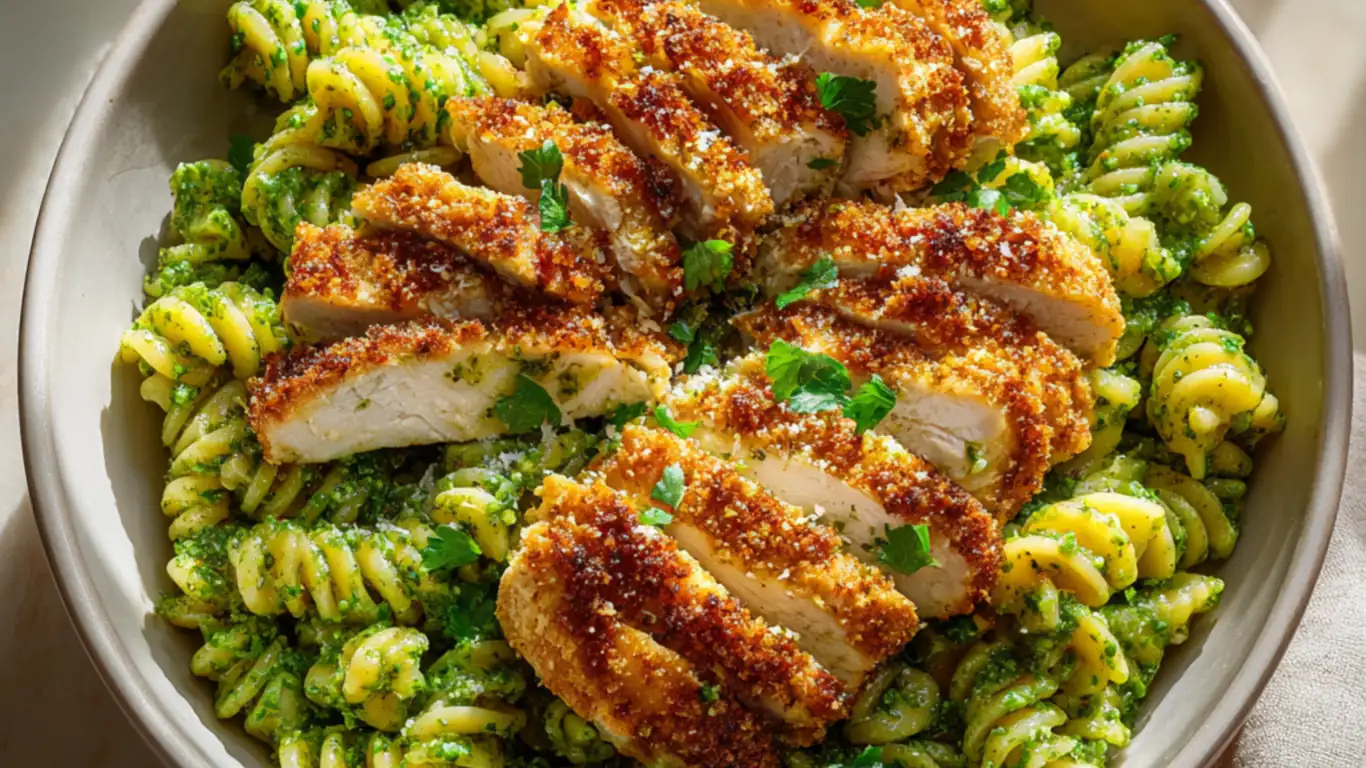 Pesto pasta topped with crispy parmesan chicken slices