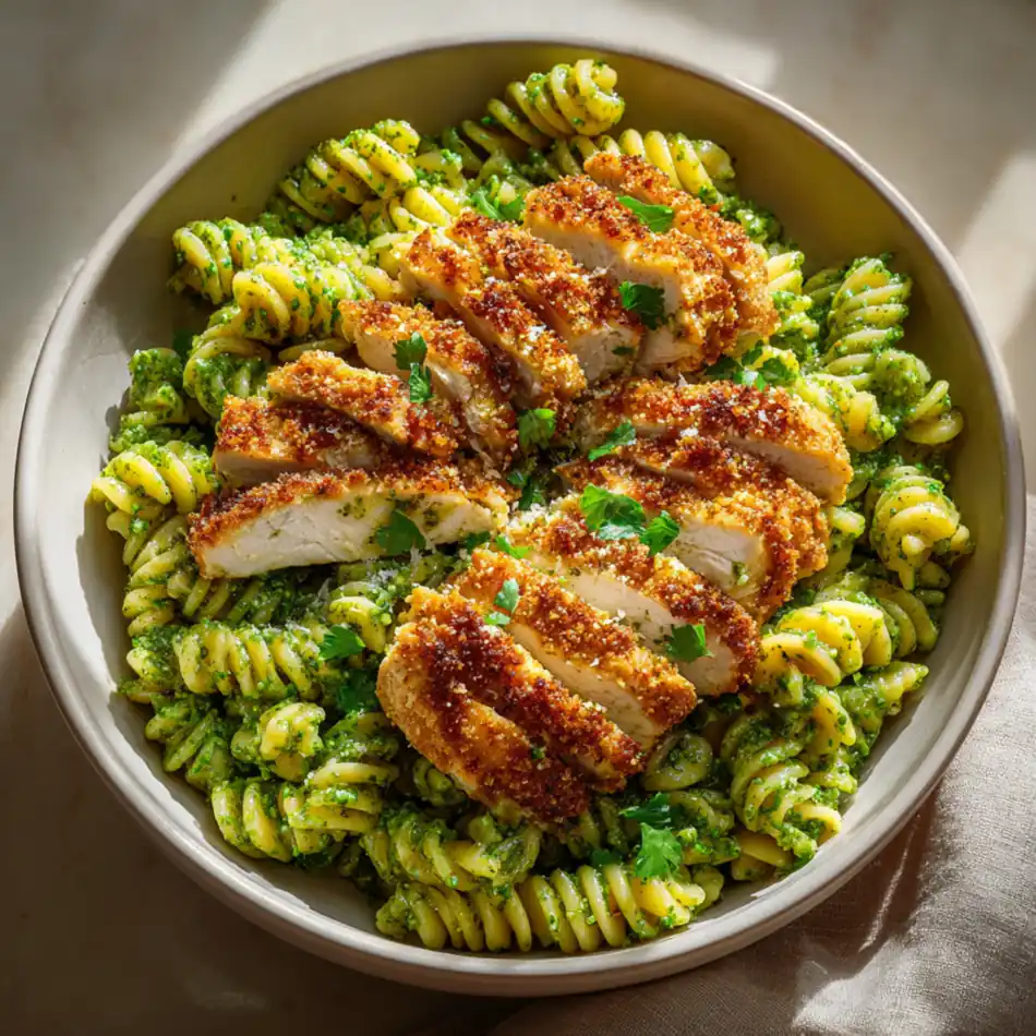 Parmesan chicken slices on pesto-coated spiral pasta