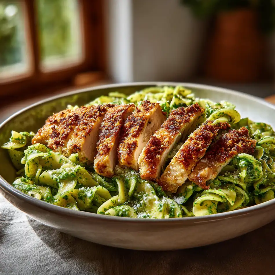 Parmesan-crusted chicken served over pesto-coated pasta