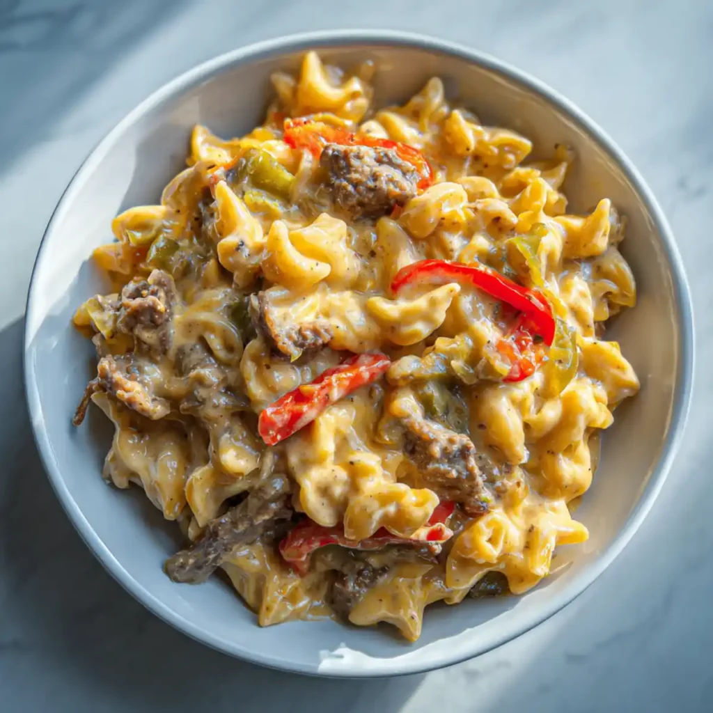 Cheesy beef mac and cheese with peppers and creamy sauce in a white bowl