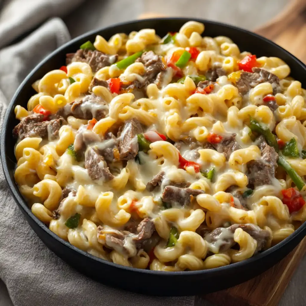 Creamy Philly cheesesteak mac and cheese with beef, peppers, and melted cheese