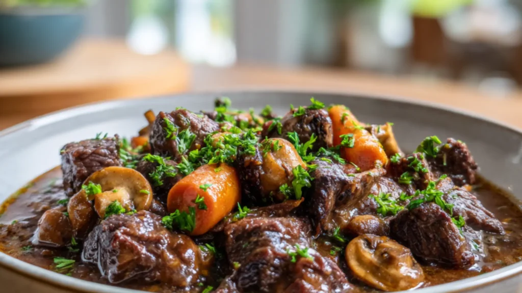 Slow cooker beef bourguignon with tender beef, mushrooms, carrots, and rich sauce