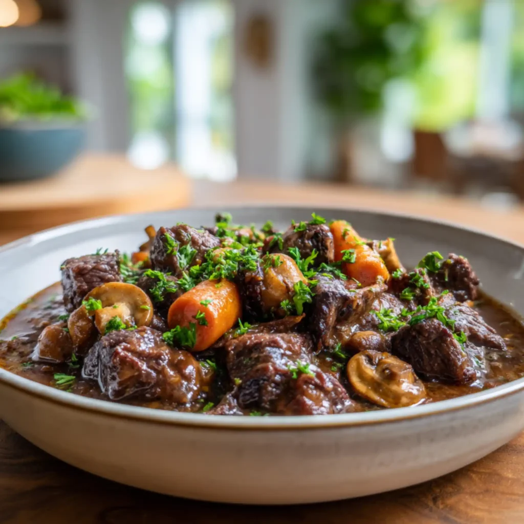 Beef bourguignon with mushrooms and carrots in a rich slow-cooked sauce