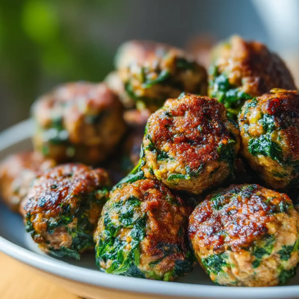 Spinach and garlic chicken meatballs cooked until golden and juicy