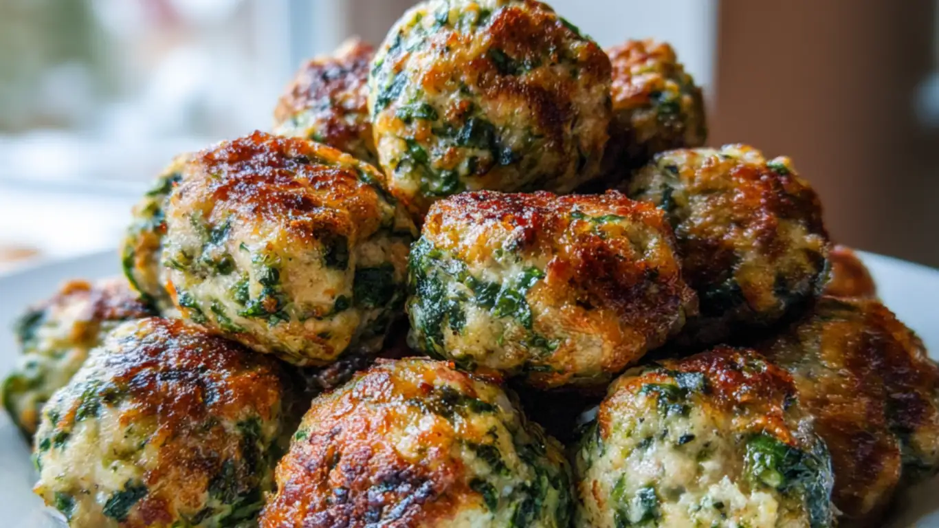 Spinach and garlic meatballs with a golden crust served on a white plate