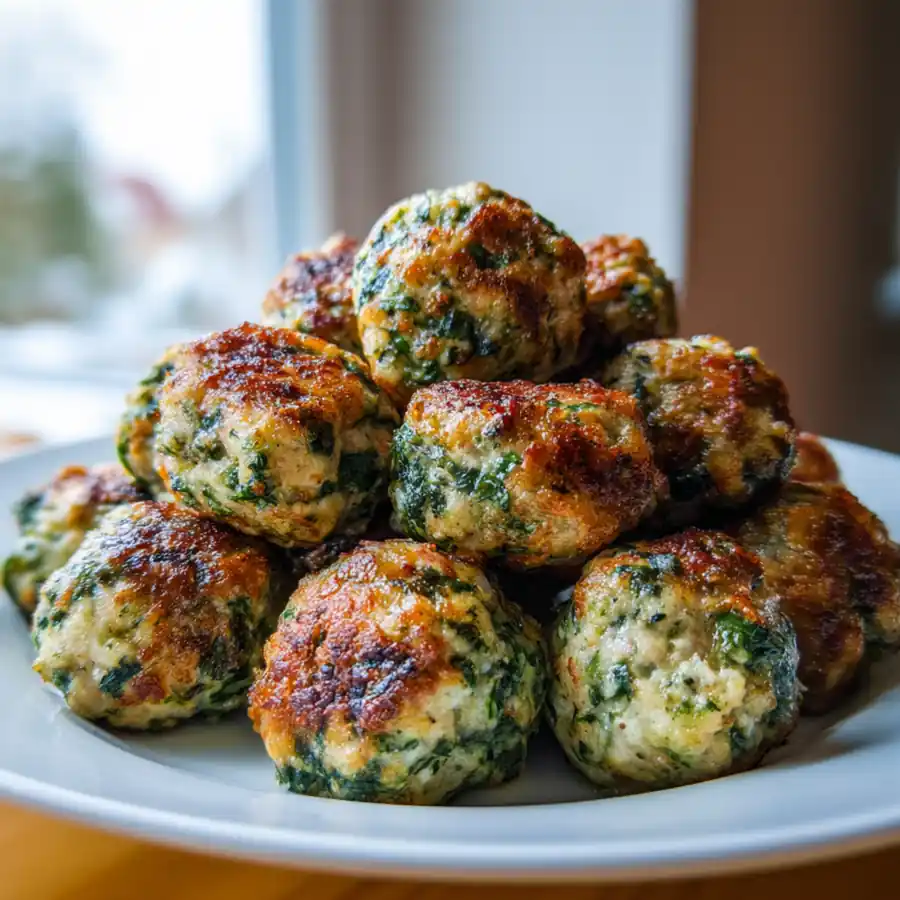 Herb-flecked spinach garlic meatballs stacked on a plate