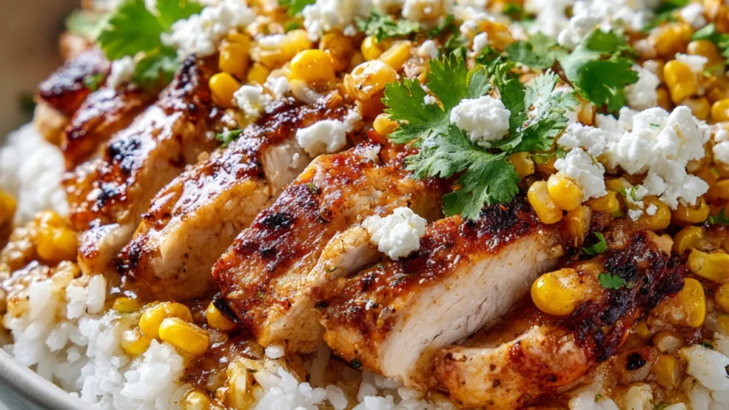 Grilled chicken rice bowl topped with street corn, feta cheese, and fresh cilantro.