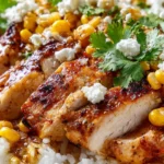 Grilled chicken rice bowl topped with street corn, feta cheese, and fresh cilantro.