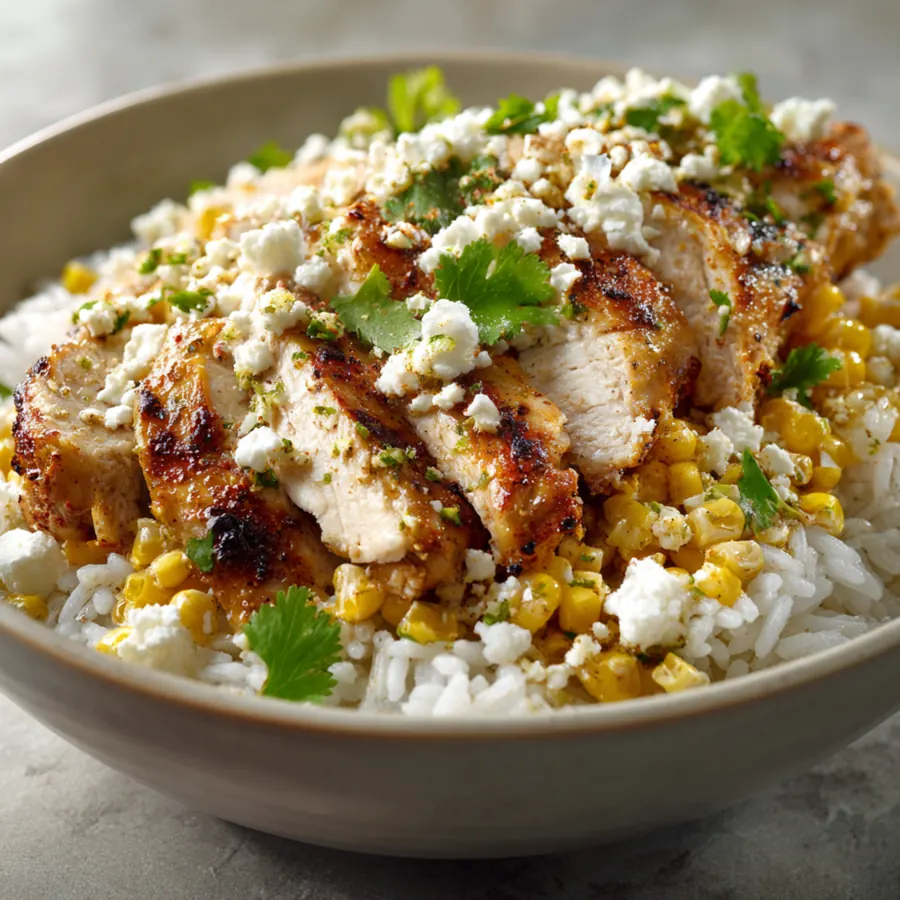 Grilled chicken slices served over rice with sweet corn, feta cheese, and fresh cilantro.