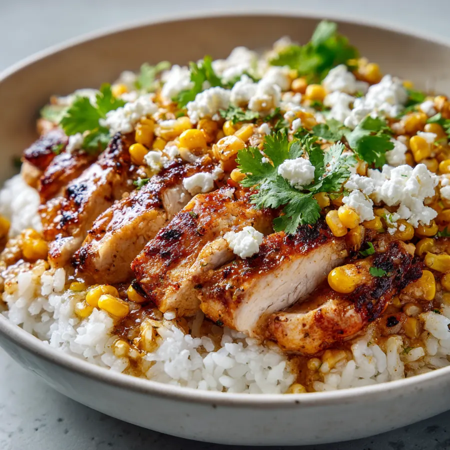Chicken rice bowl with roasted corn, feta cheese, and fresh herbs.