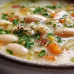 Rustic bowl of Tuscan white bean soup with carrots, herbs, and a light broth.