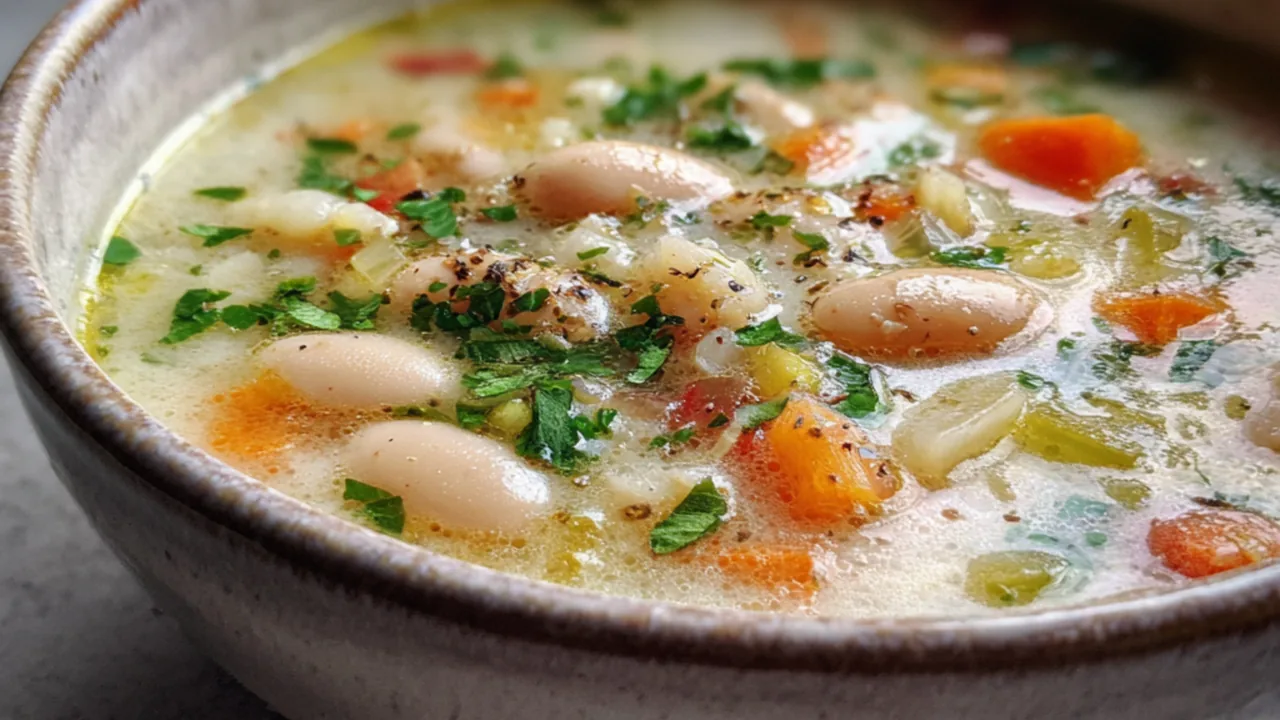 Rustic bowl of Tuscan white bean soup with carrots, herbs, and a light broth.