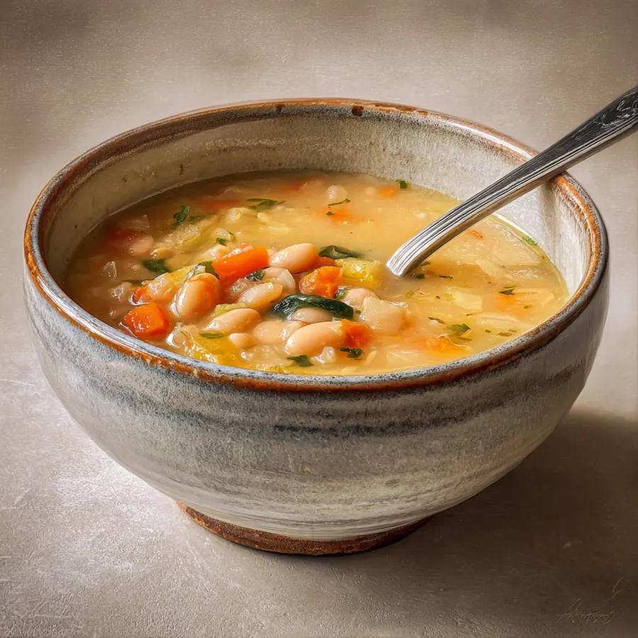 Rustic bowl of Tuscan white bean soup with carrots, herbs, and a light broth.