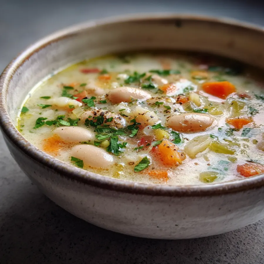 Creamy white bean soup with carrots, celery, and herbs in a bowl.
