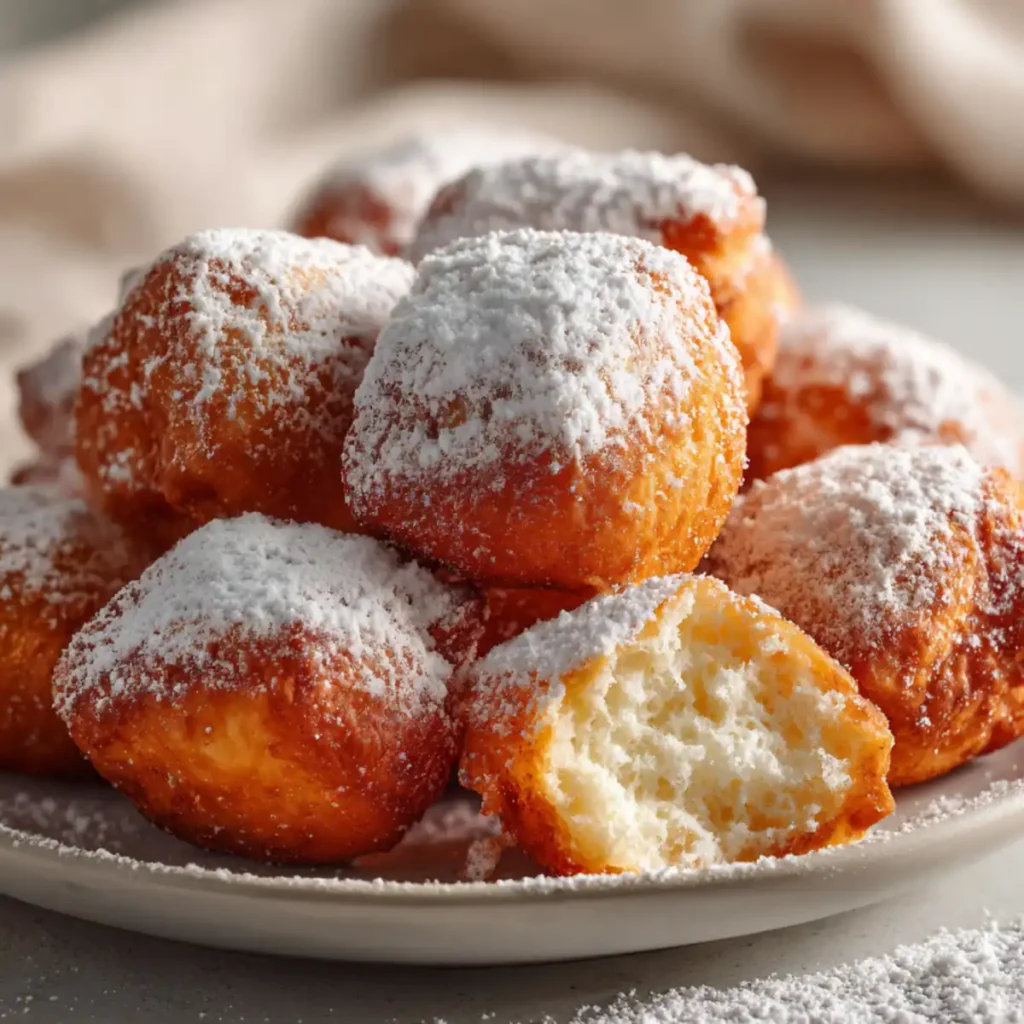 Vanilla French beignets dusted with powdered sugar on a plate