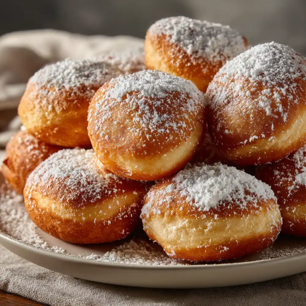 Soft vanilla beignets stacked and finished with powdered sugar