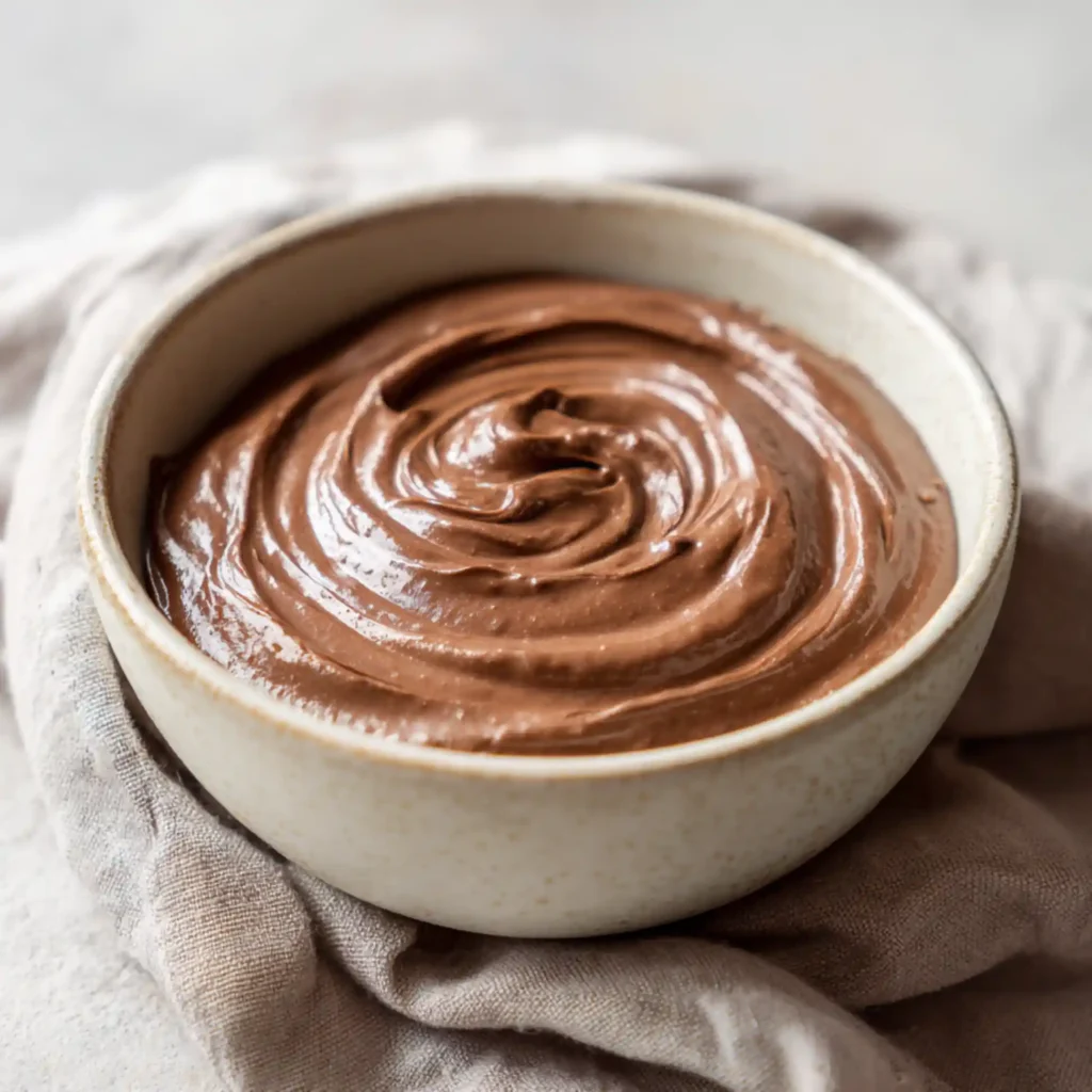Two ingredient protein pudding with a smooth whipped texture in a bowl