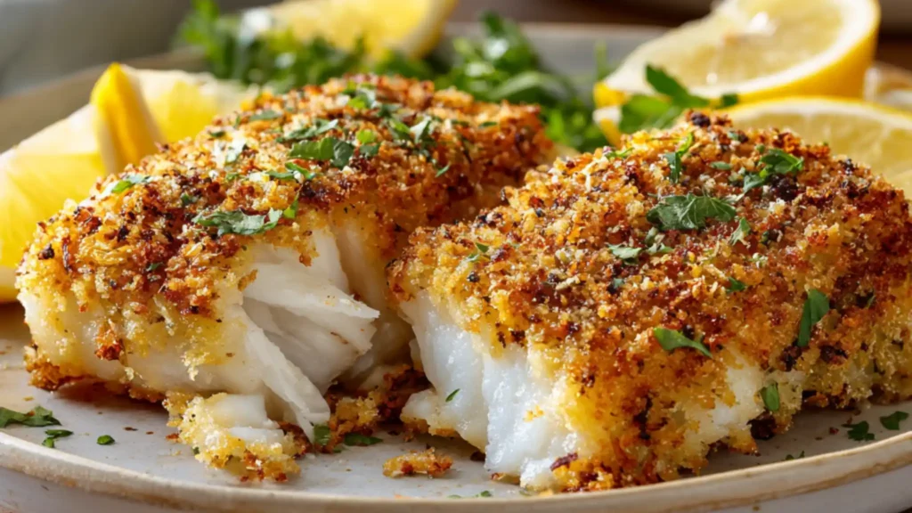 Air fryer parmesan crusted cod with a golden crust served with fresh lemon wedges