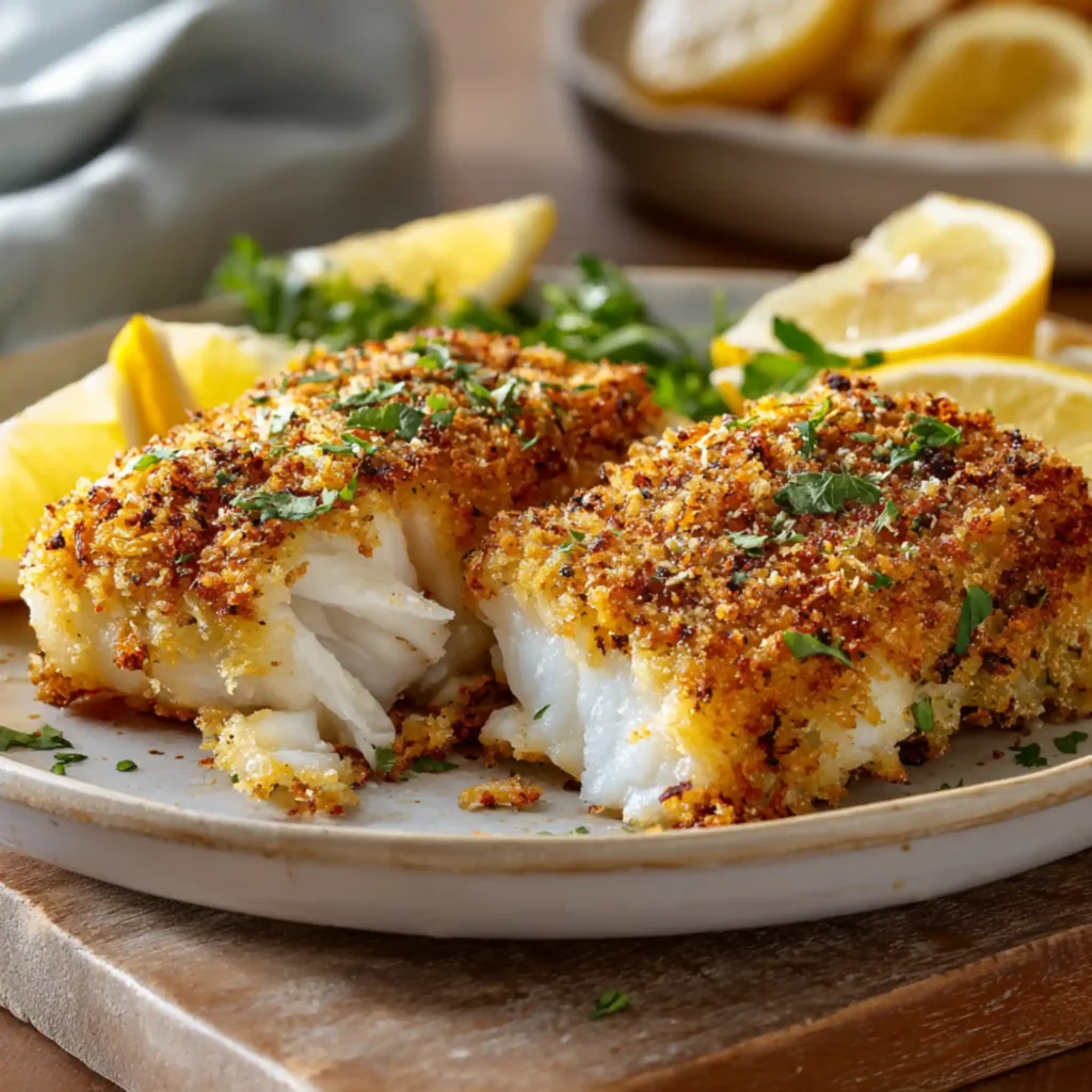 Crispy parmesan crusted cod fillets with flaky texture and golden topping