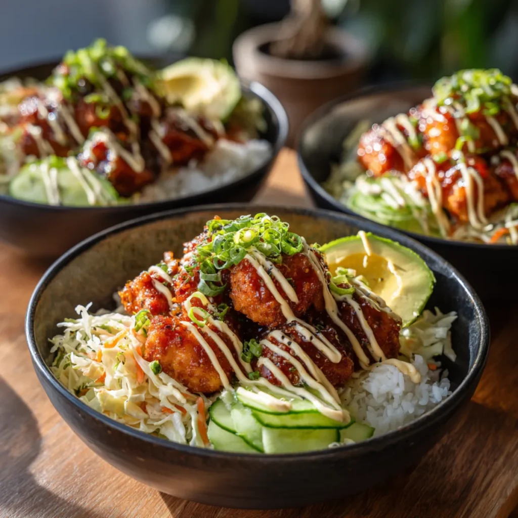 Crispy salmon bites with bang bang sauce over rice and cabbage slaw