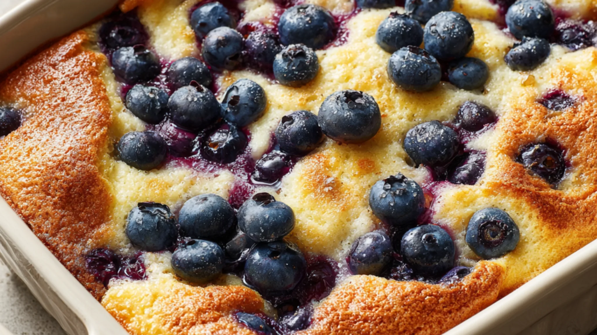 Blueberry pancake casserole baked until golden with juicy blueberries throughout