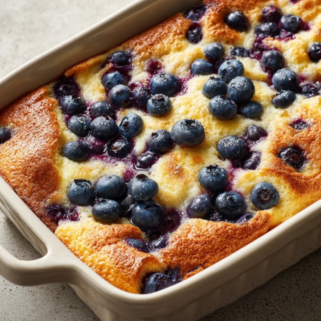 Blueberry pancake casserole with a fluffy crumb and baked blueberry pockets