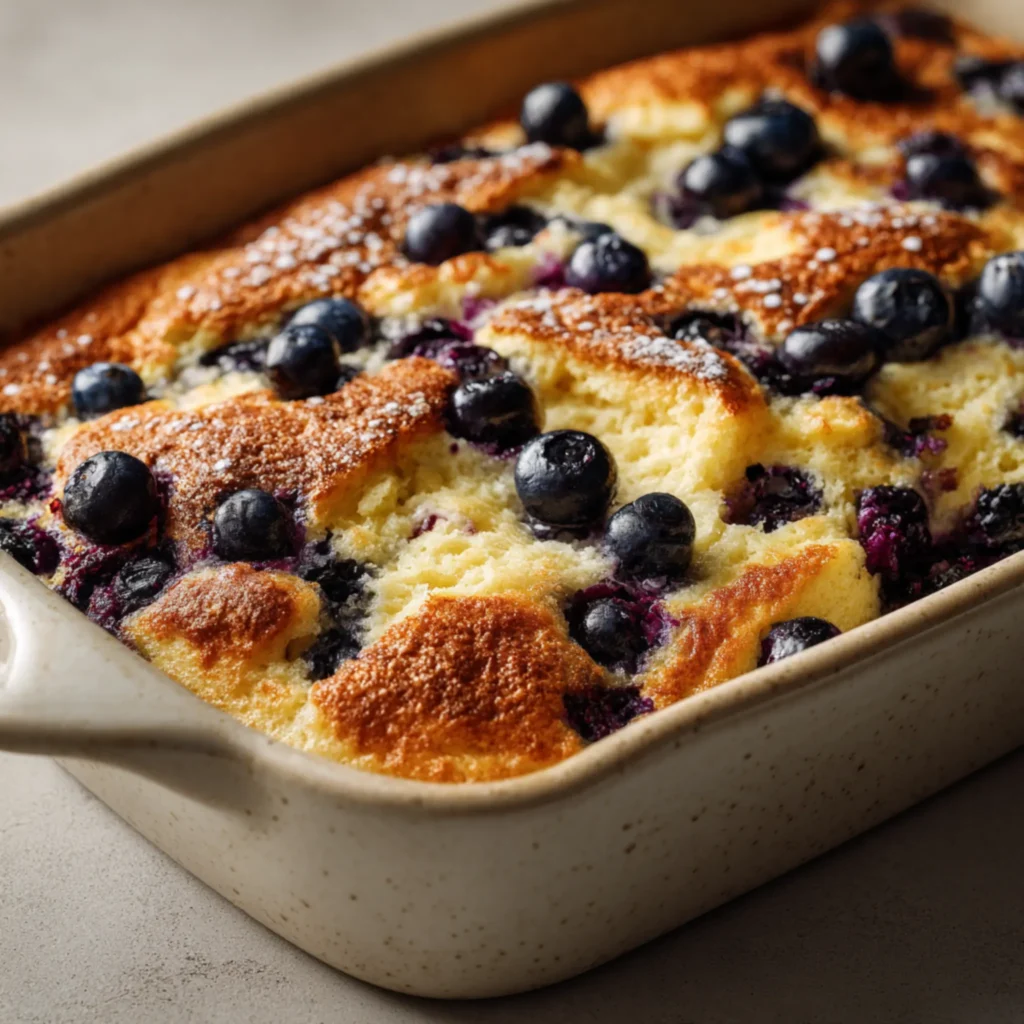 Golden blueberry pancake casserole with lightly crisp edges and juicy berries
