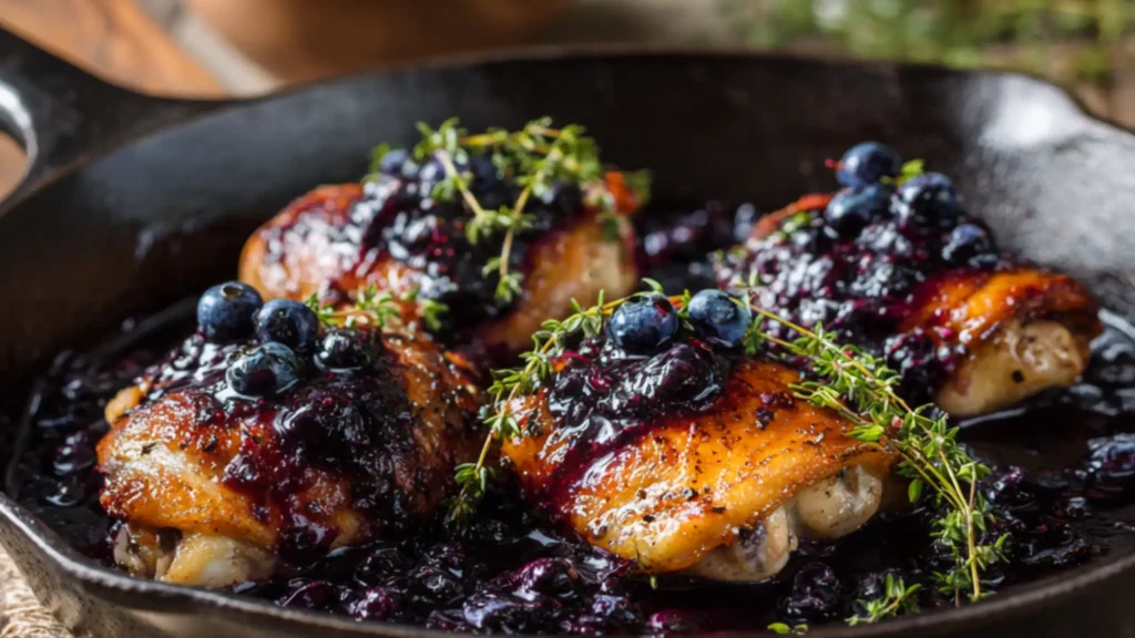 Golden seared chicken thighs topped with blueberry thyme sauce in a cast iron skillet