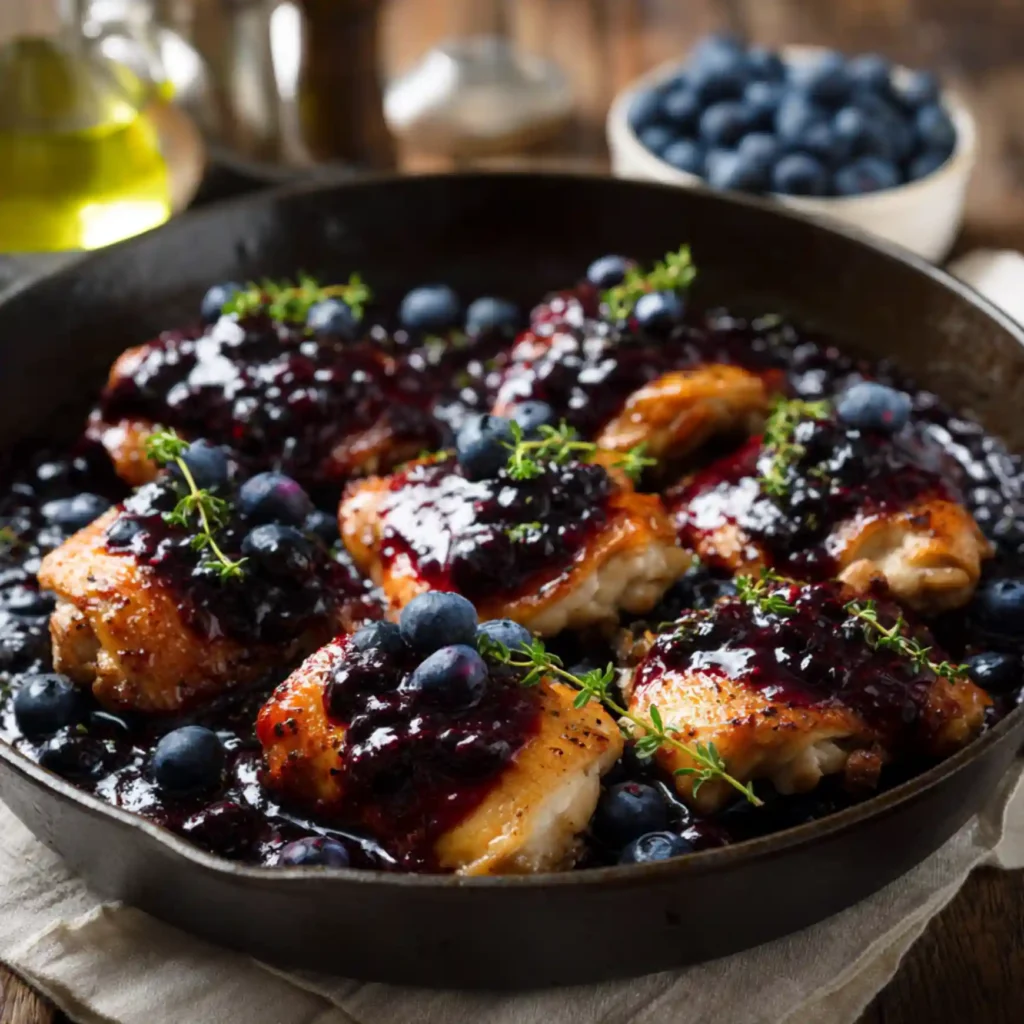 Seared chicken thighs with thick blueberry sauce and fresh herbs in skillet