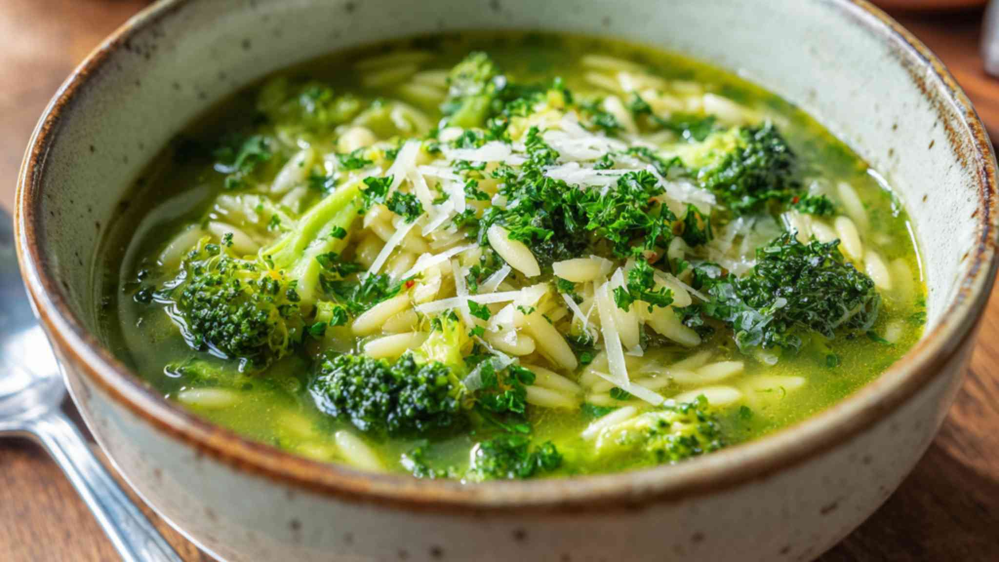 Broccoli orzo soup with grated Parmesan and fresh herbs in a ceramic bowl