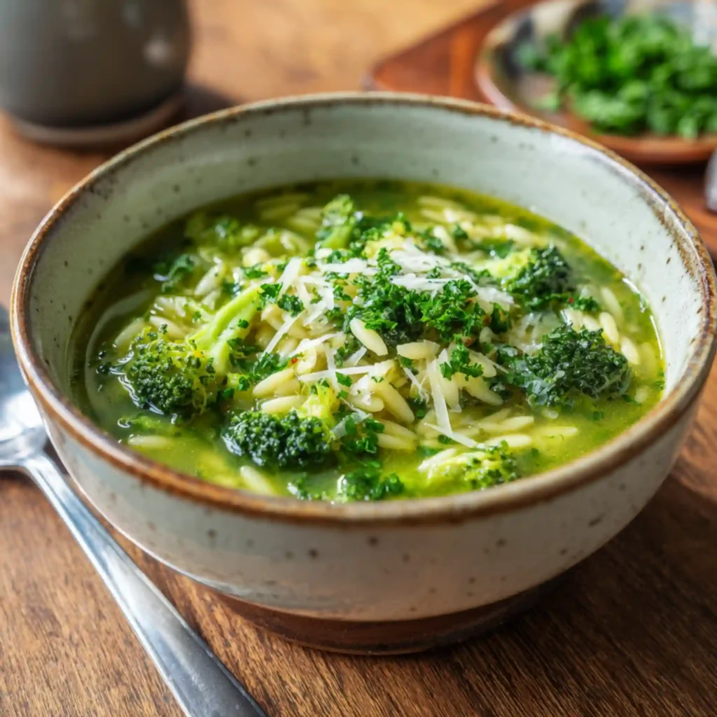 Homemade broccoli soup with orzo pasta and shaved Parmesan in rustic bowl