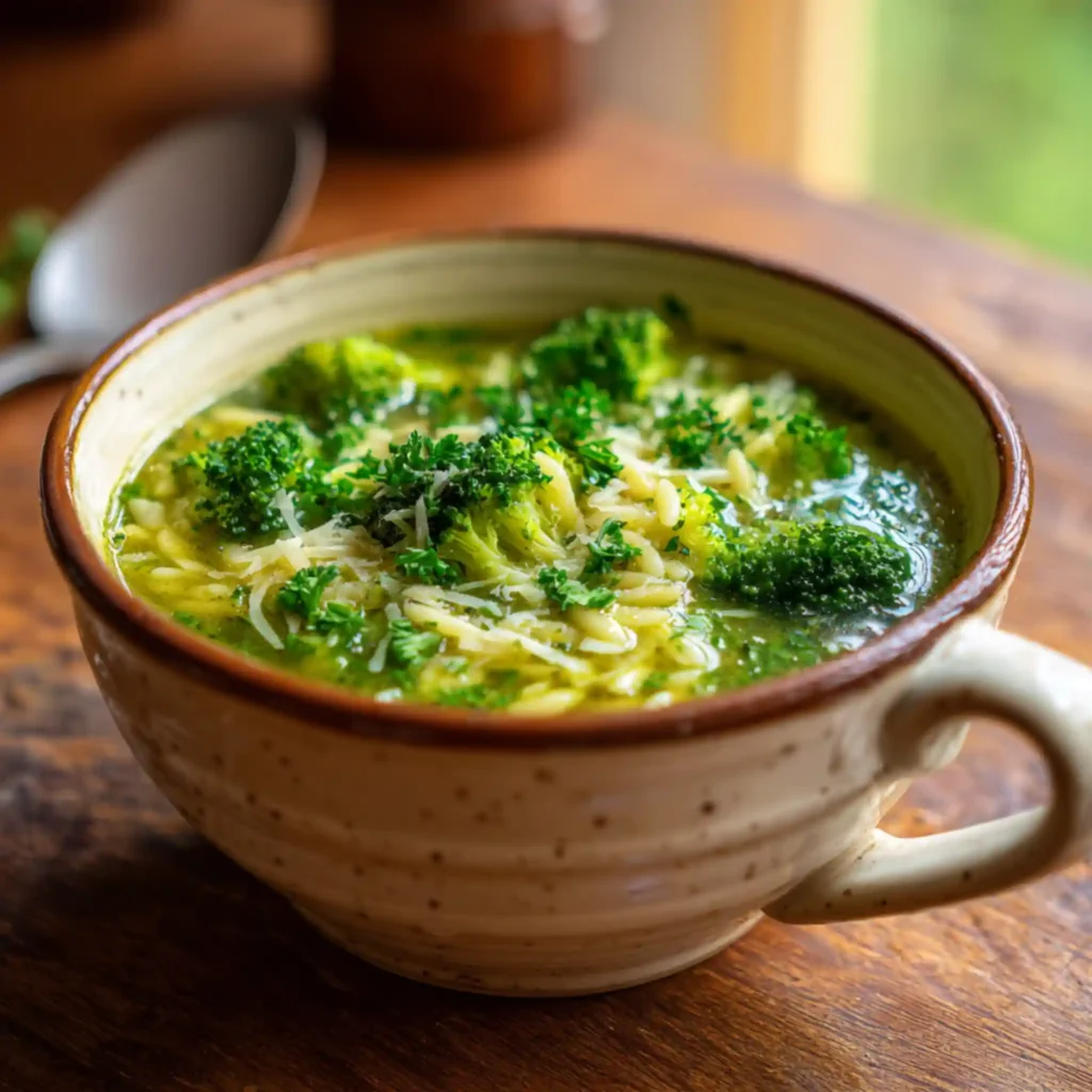 Italian broccoli and orzo soup served in ceramic mug with grated cheese