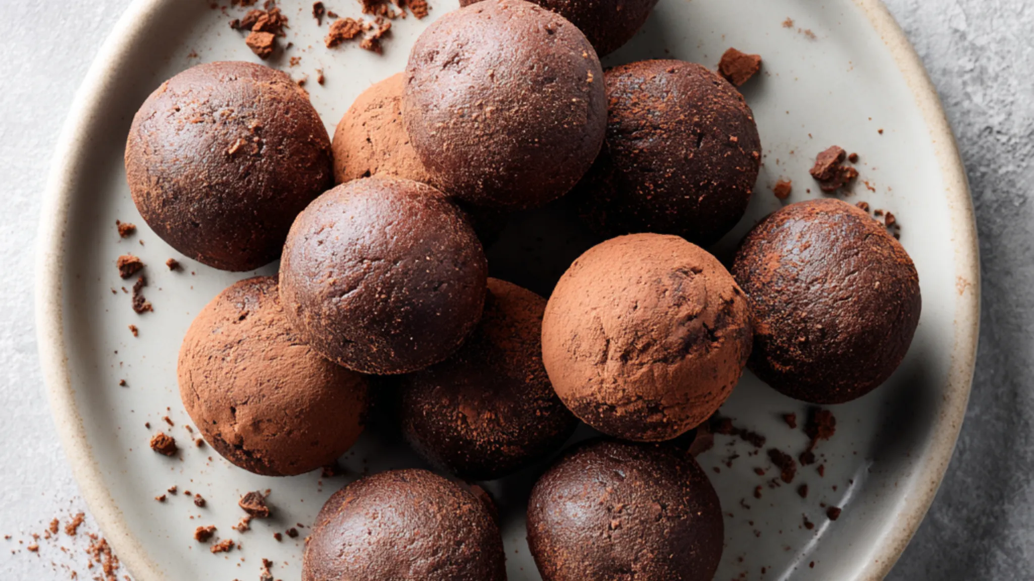 High protein no bake brownie bites dusted with cocoa powder on a plate