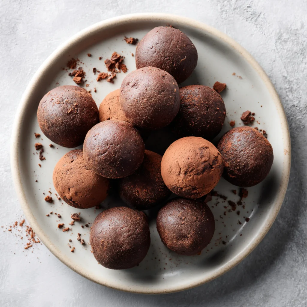 Chocolate protein brownie bites arranged on a ceramic plate