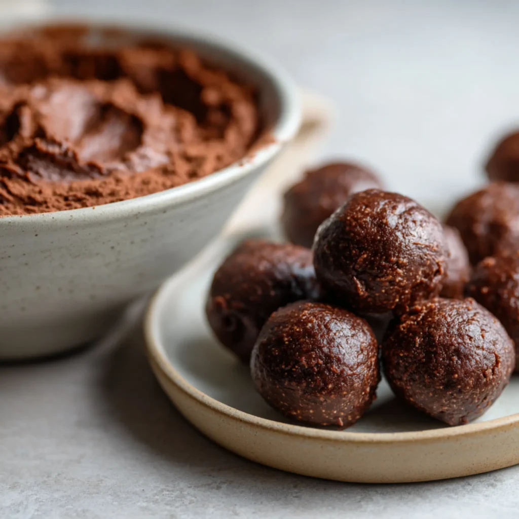No bake brownie batter protein bites on a plate