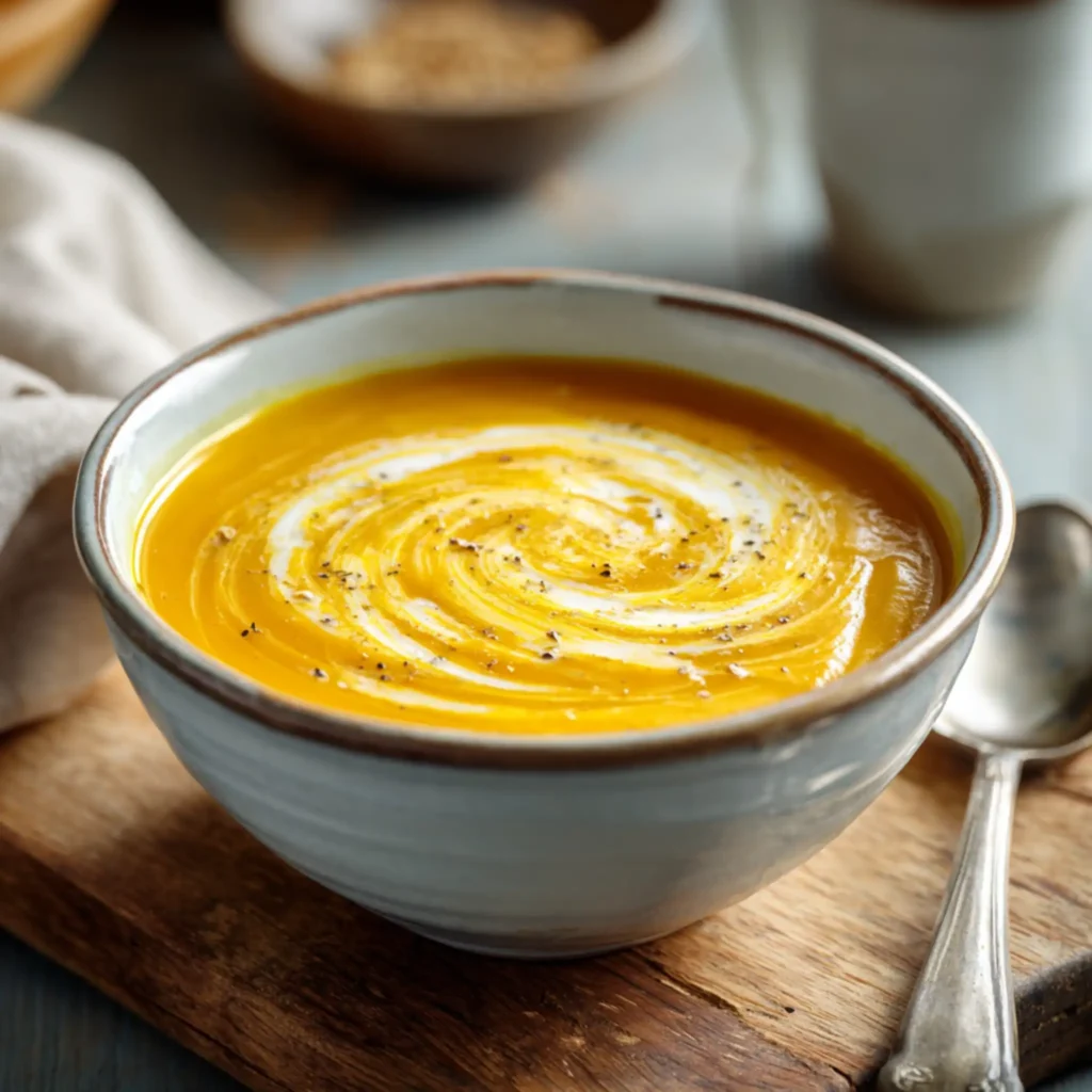 Velvety butternut squash soup served warm in a simple bowl