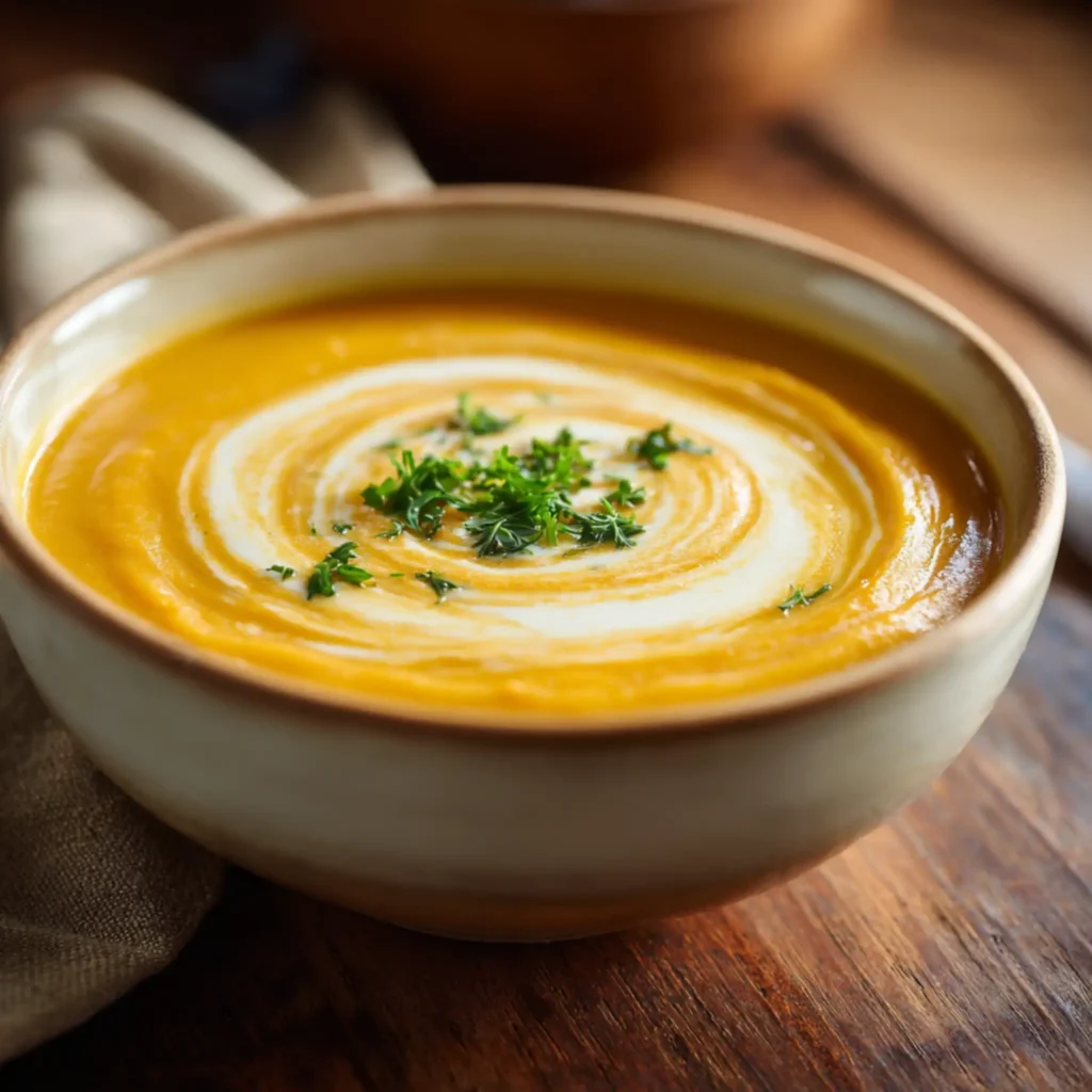 Homemade butternut squash soup with a creamy swirl and herbs