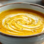 Creamy butternut squash soup with a smooth swirl served in a ceramic bowl