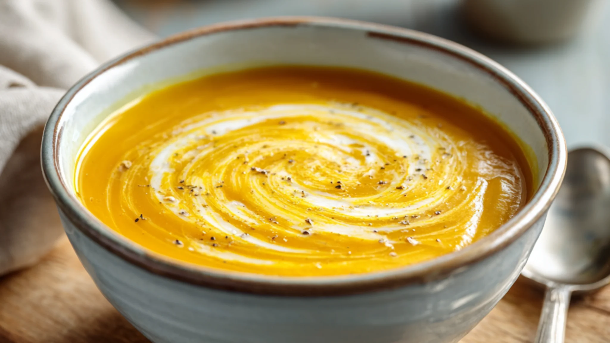 Creamy butternut squash soup with a smooth swirl served in a ceramic bowl
