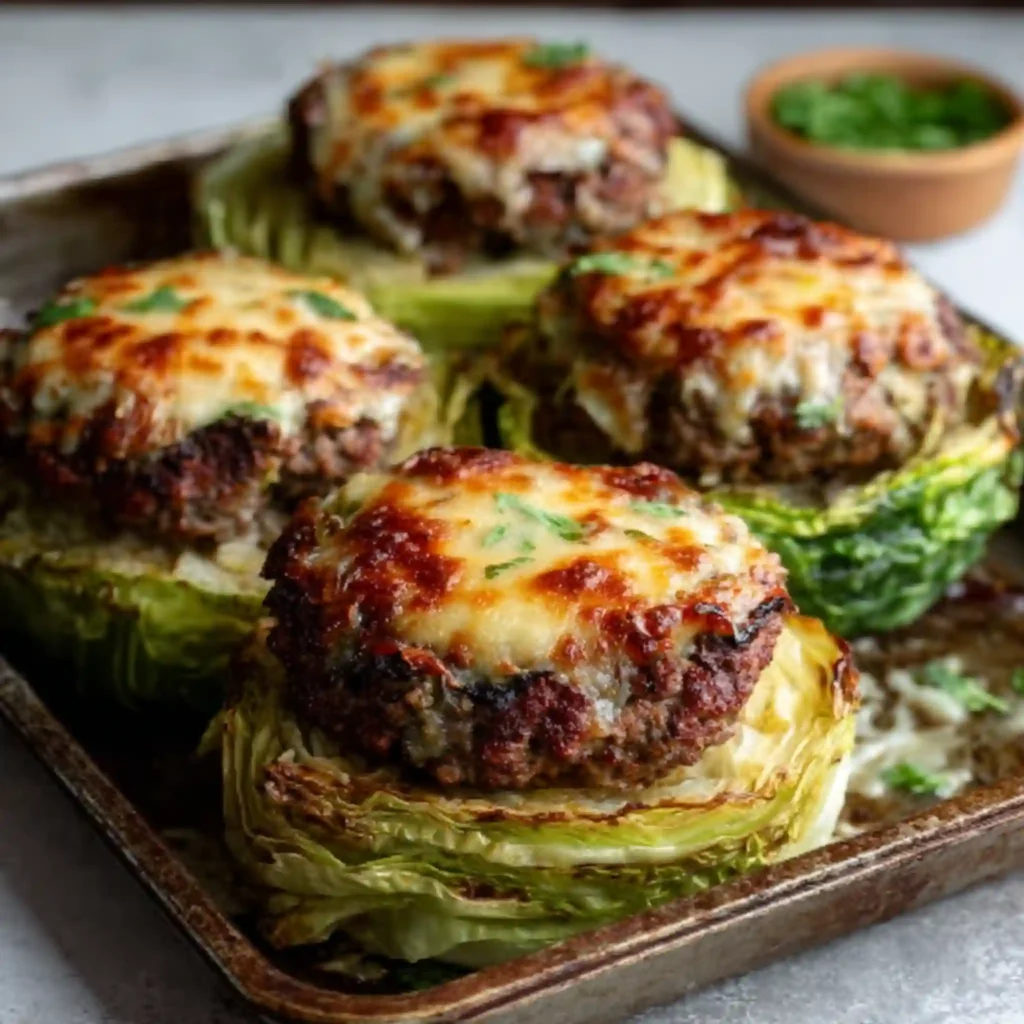 Golden cheese topped beef patties stacked over roasted green cabbage rounds