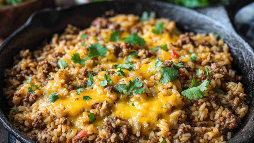 Cheesy taco rice skillet with seasoned ground beef, melted cheddar, and fresh cilantro