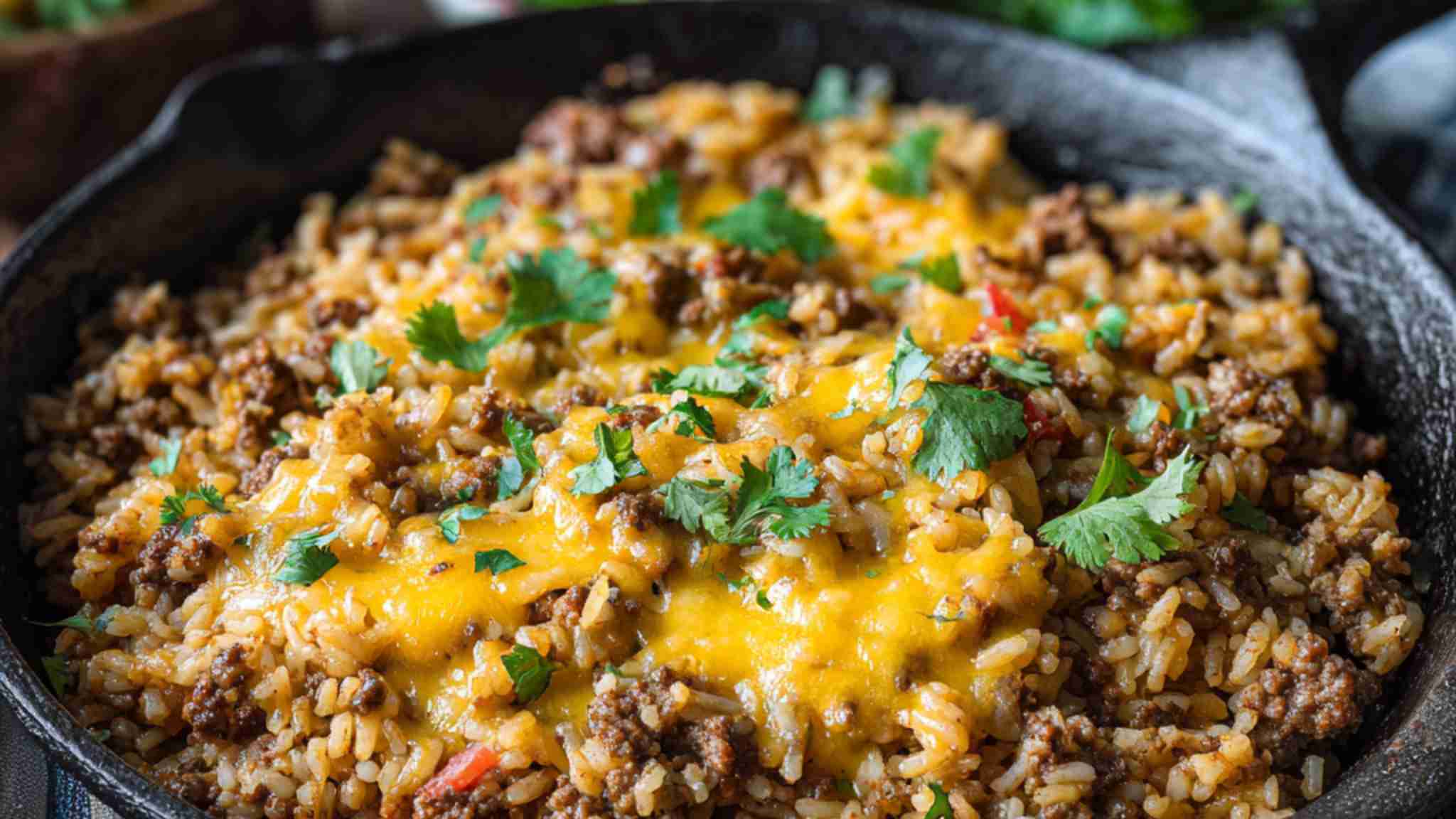 Cheesy taco rice skillet with seasoned ground beef, melted cheddar, and fresh cilantro