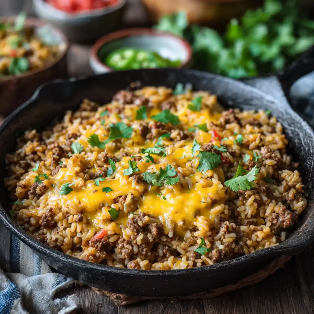 Ground beef taco rice topped with melted cheddar and chopped cilantro