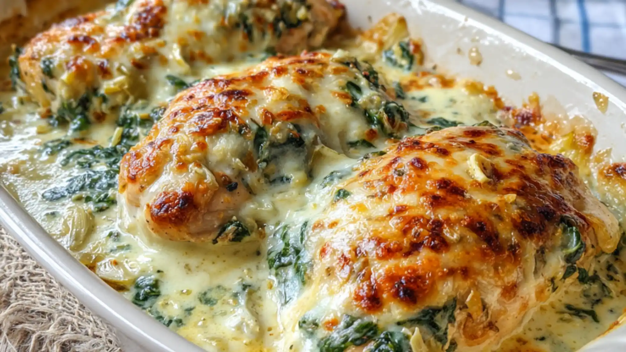 Creamy baked chicken with spinach artichoke and melted cheese